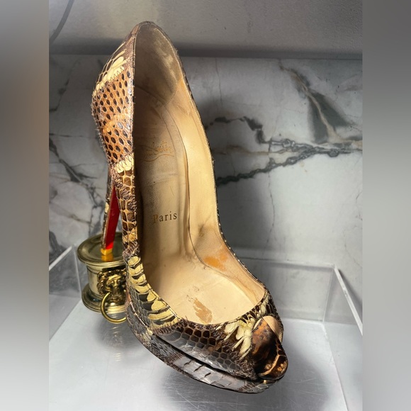 Christian Louboutin Brown Python platchawork banana peep toe platform sz 38 - Picture 16 of 16